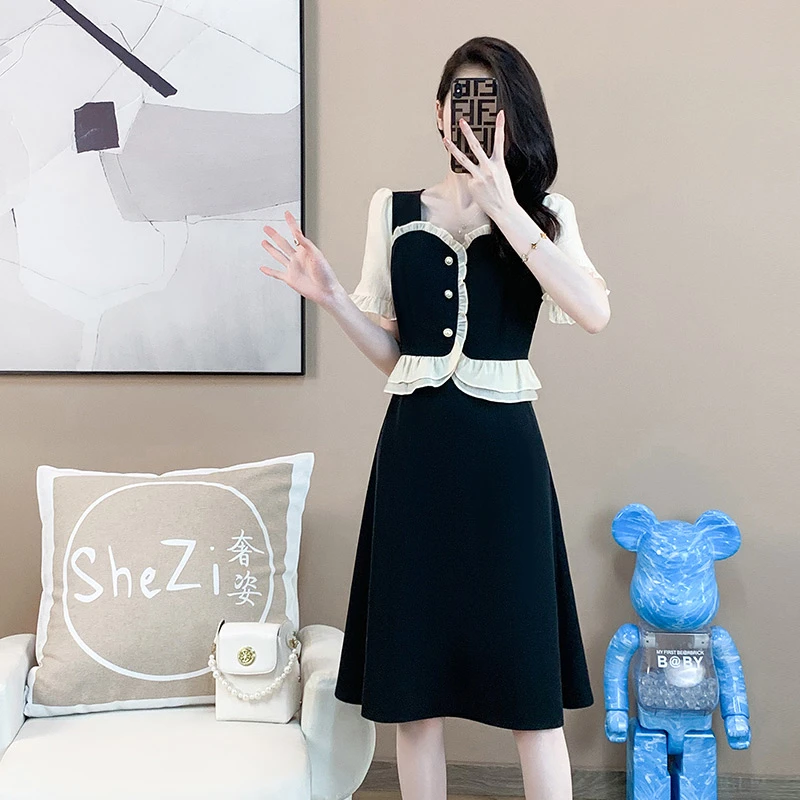 奢姿2025年夏装新款大码女装木耳边拼接裙子胖妹妹方领连衣裙