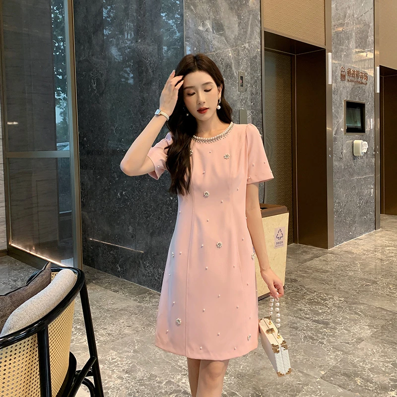 [奢姿轻奢系列]大码女装2024年夏季钉珠减龄裙子胖妹妹时尚连衣裙