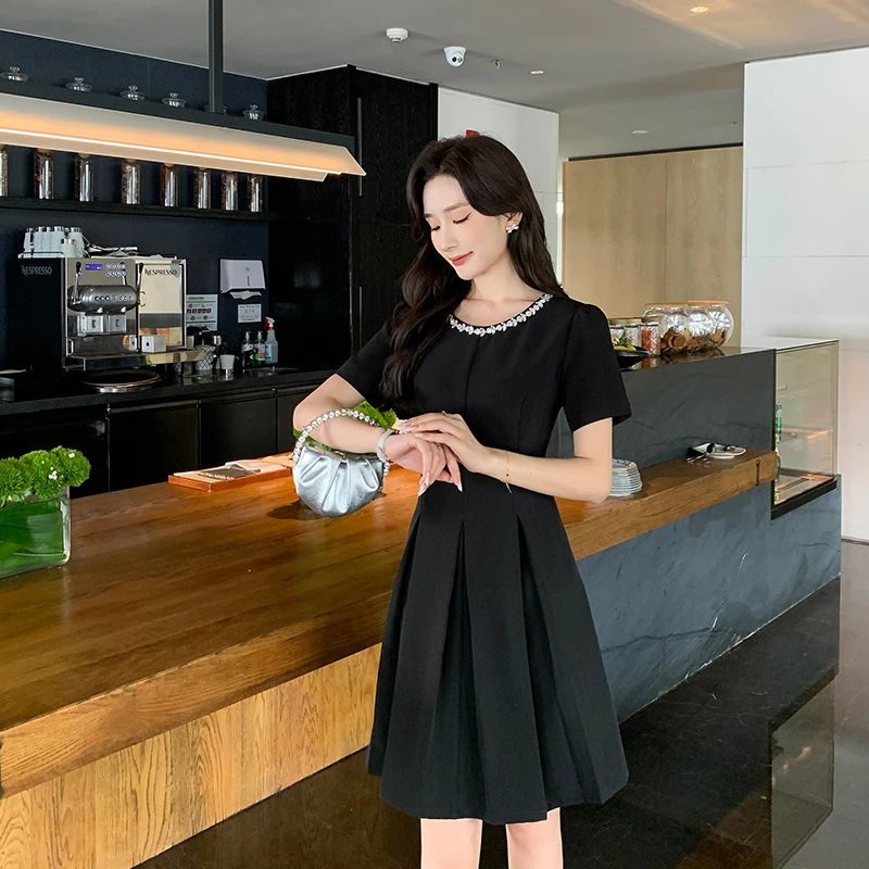 [奢姿轻奢系列]圆领钻链连衣裙大码女装夏季新款胖妹妹优雅裙子