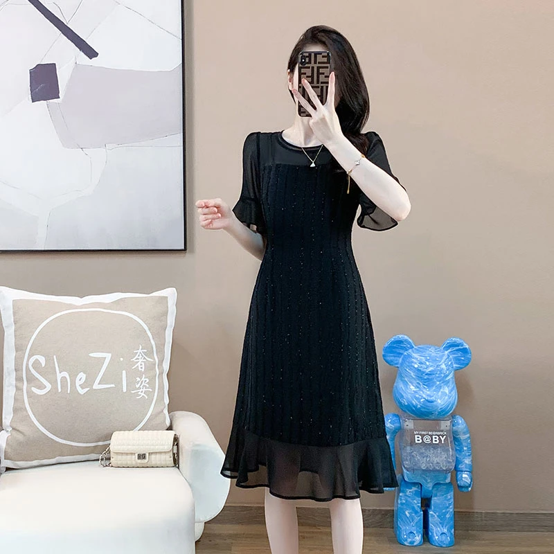 9932890890【适合90-200斤】胖妹妹珍珠纱拼接时尚连衣裙
