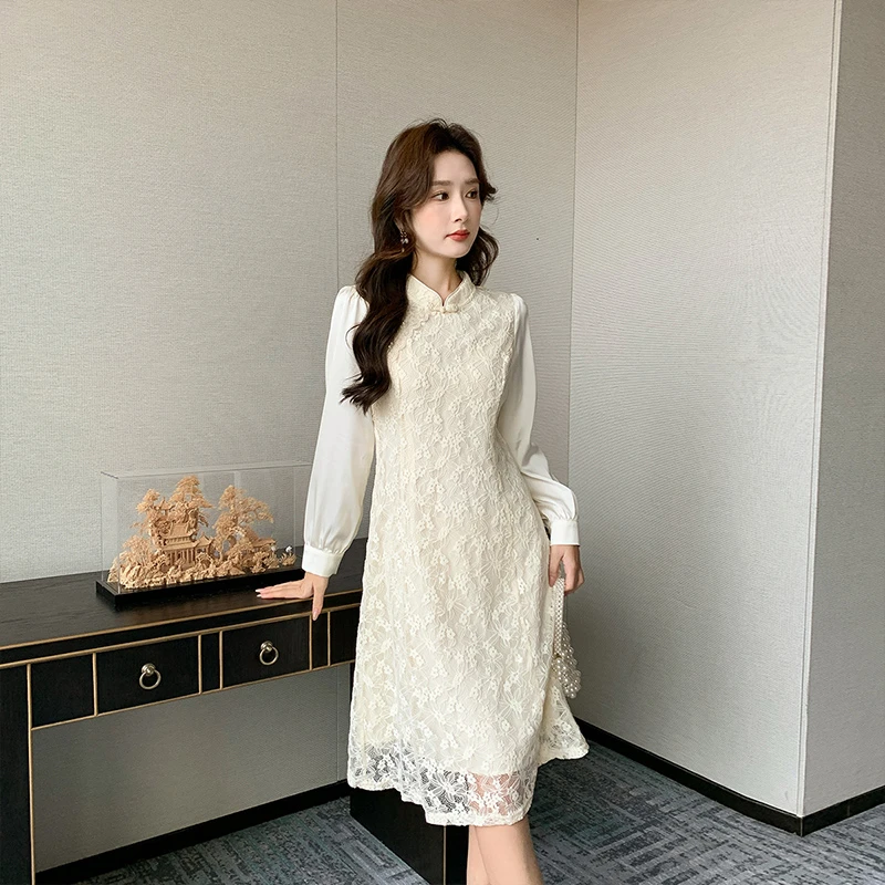 奢姿2025年春季新款大码女装国风旗袍裙子胖妹妹拼接花边连衣裙