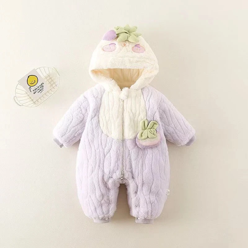 婴幼儿夹棉毛毛连帽衣服冬季保暖连体衣男女宝宝加厚棉衣外穿服