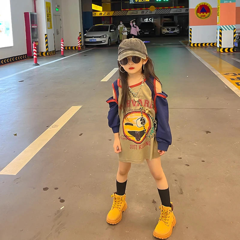 女童洋气露肩春夏新款儿童宽松中长款大版童装时尚休闲长袖T恤衫