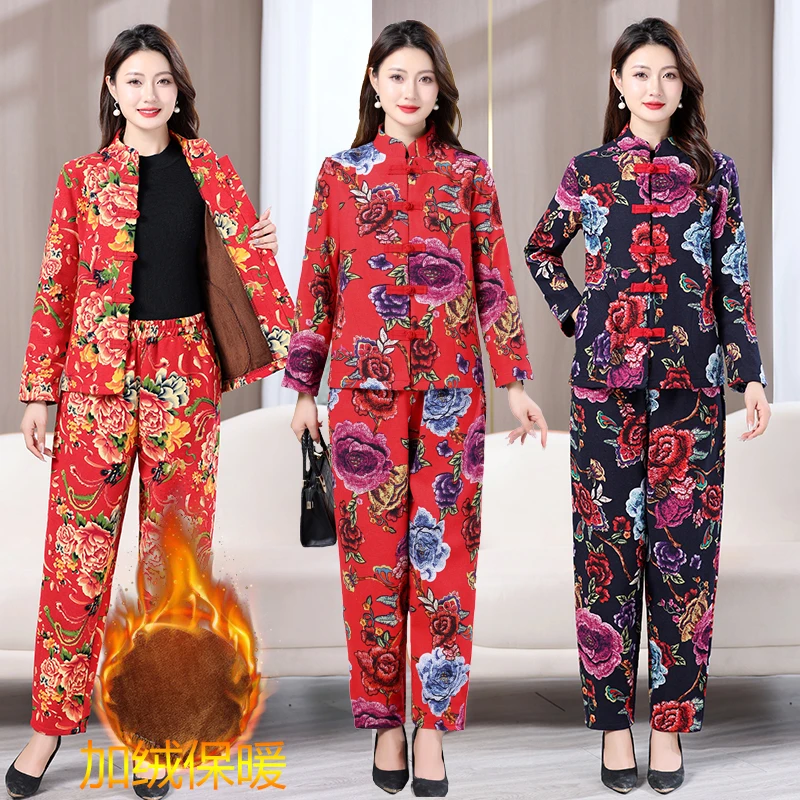 冬季加绒加厚民族风长袖棉服套装东北大花棉衣棉裤两件套保暖外穿