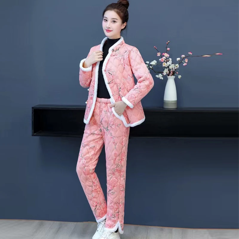 新款冬季东北大花棉袄加绒加厚棉裤两件套时尚妈妈棉衣中国风女装