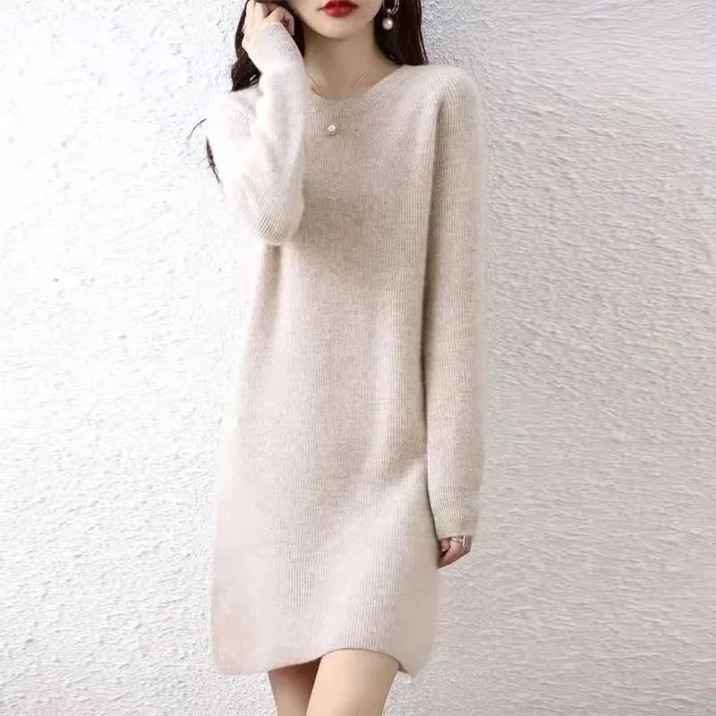 加绒加厚中长款毛衣女2023秋冬新款圆领针织衫休闲过臀宽松针织裙