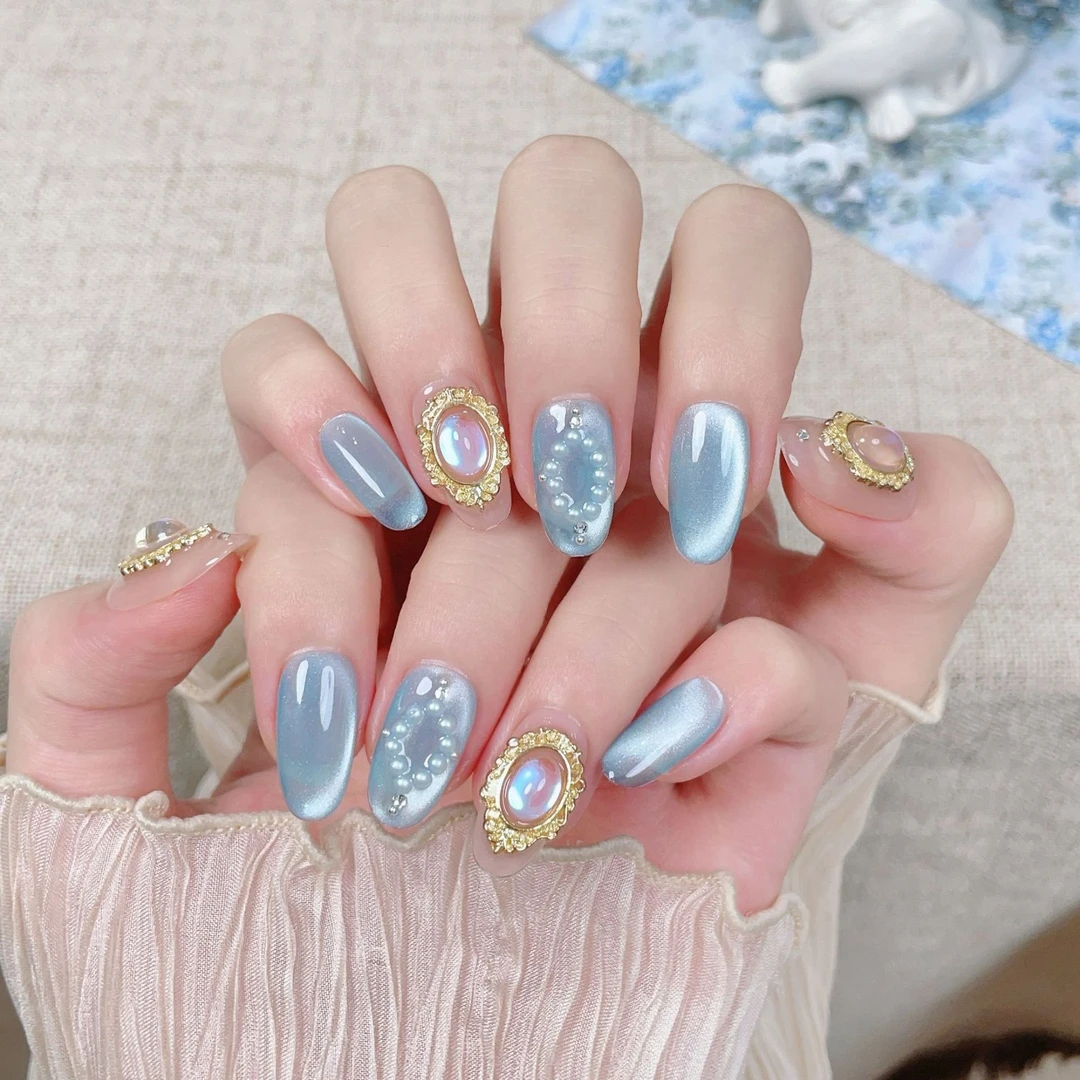 纯手工Un穿戴甲金色魔镜粉美甲可拆卸高级感爆闪猫眼光疗甲假片