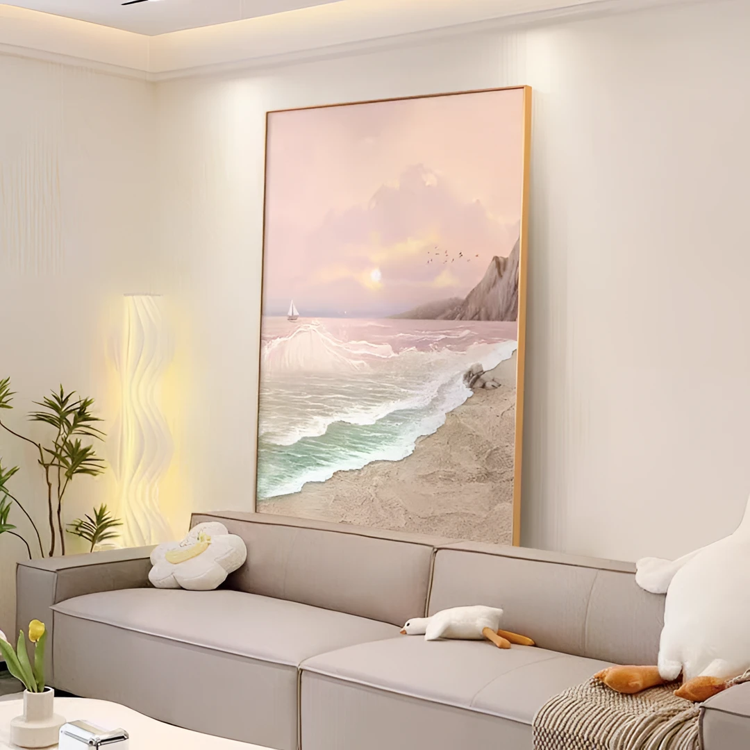 奶油风客厅装饰画现代简约风沙发背景墙海景落地画玄关挂画砂岩画