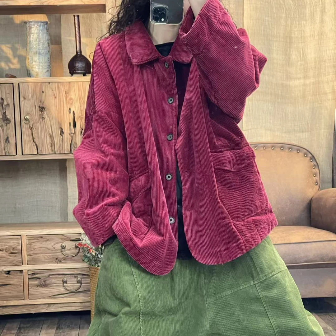 [四月阳光]冬季夹薄棉灯芯绒炒色复古港风休闲外套(长68胸围140)