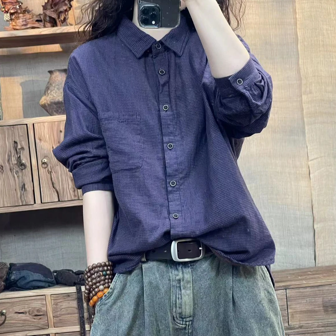 [四月阳光]秋季双织棉水洗细格常规休闲衬衫(长63-67胸围118)