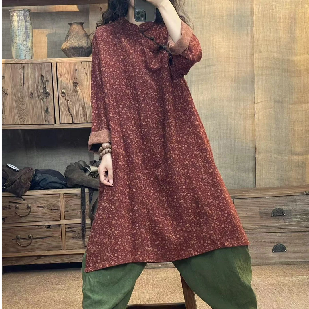 [四月阳光]秋季编织麻炒色印花复古斜襟扣长款女装(长100胸围124)