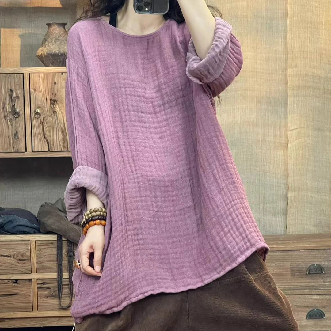 [四月阳光]秋季稀疏麻水洗做旧圆领休闲女装上衣(长72胸围130)