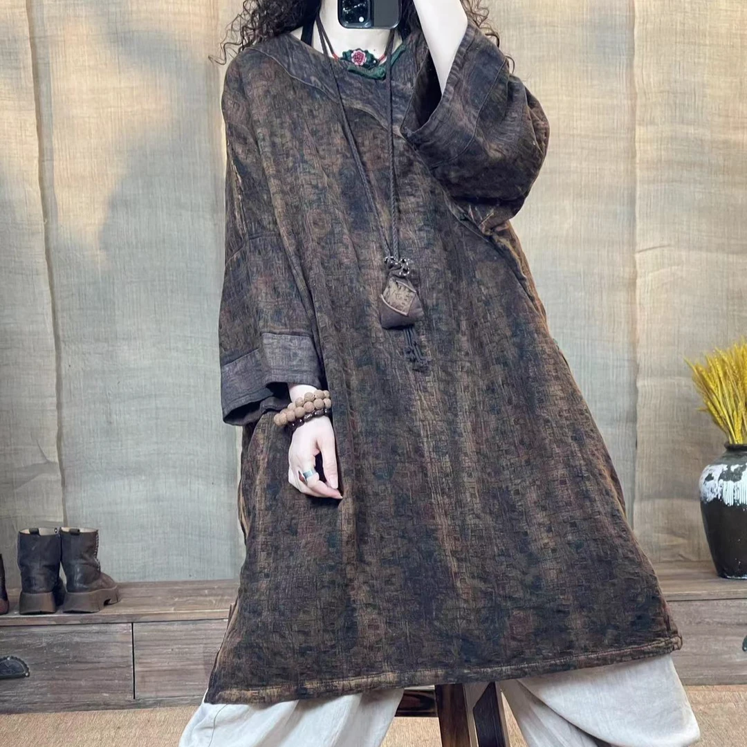 [四月阳光]春季亚麻重工炒色国风斜襟盘扣长款女装(长95胸围158)