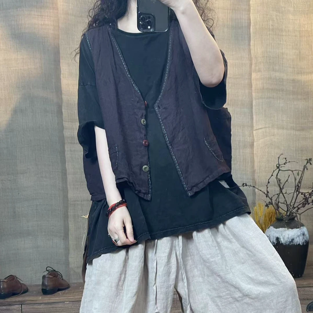 [四月阳光]夏季亚麻工艺炒色手工明线复古休闲马夹(长55胸围122)