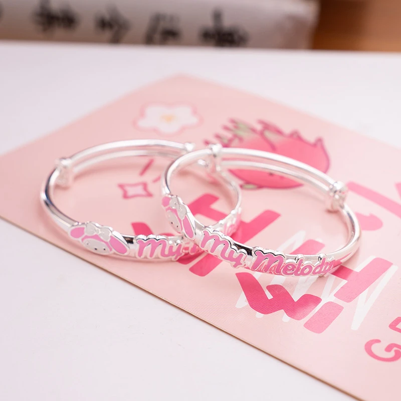 足银手镯 999纯银手镯儿童女童可爱宝宝女孩美乐蒂学生实心对镯