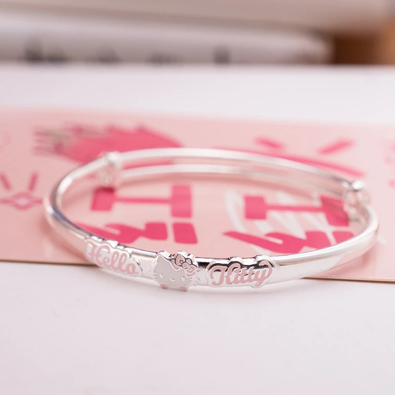 足银手镯 999纯银手镯hellokitty可爱百搭大人手镯少女心简约实心
