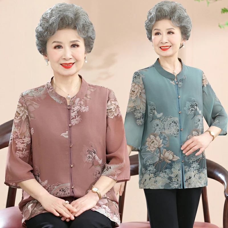 奶奶装2024夏装新款雪纺中袖女中老年人洋气衣服妈妈夏季薄款上衣