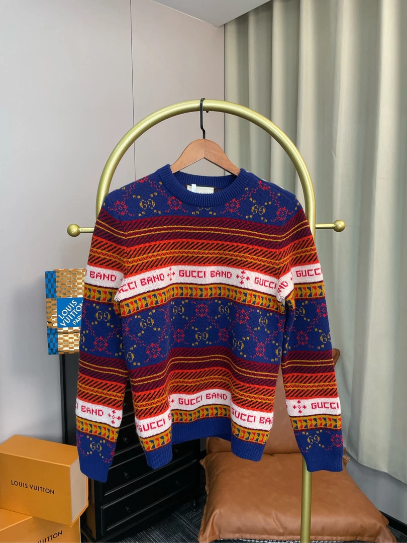 gucci/古驰蓝色拼接满印毛衣xs码99新