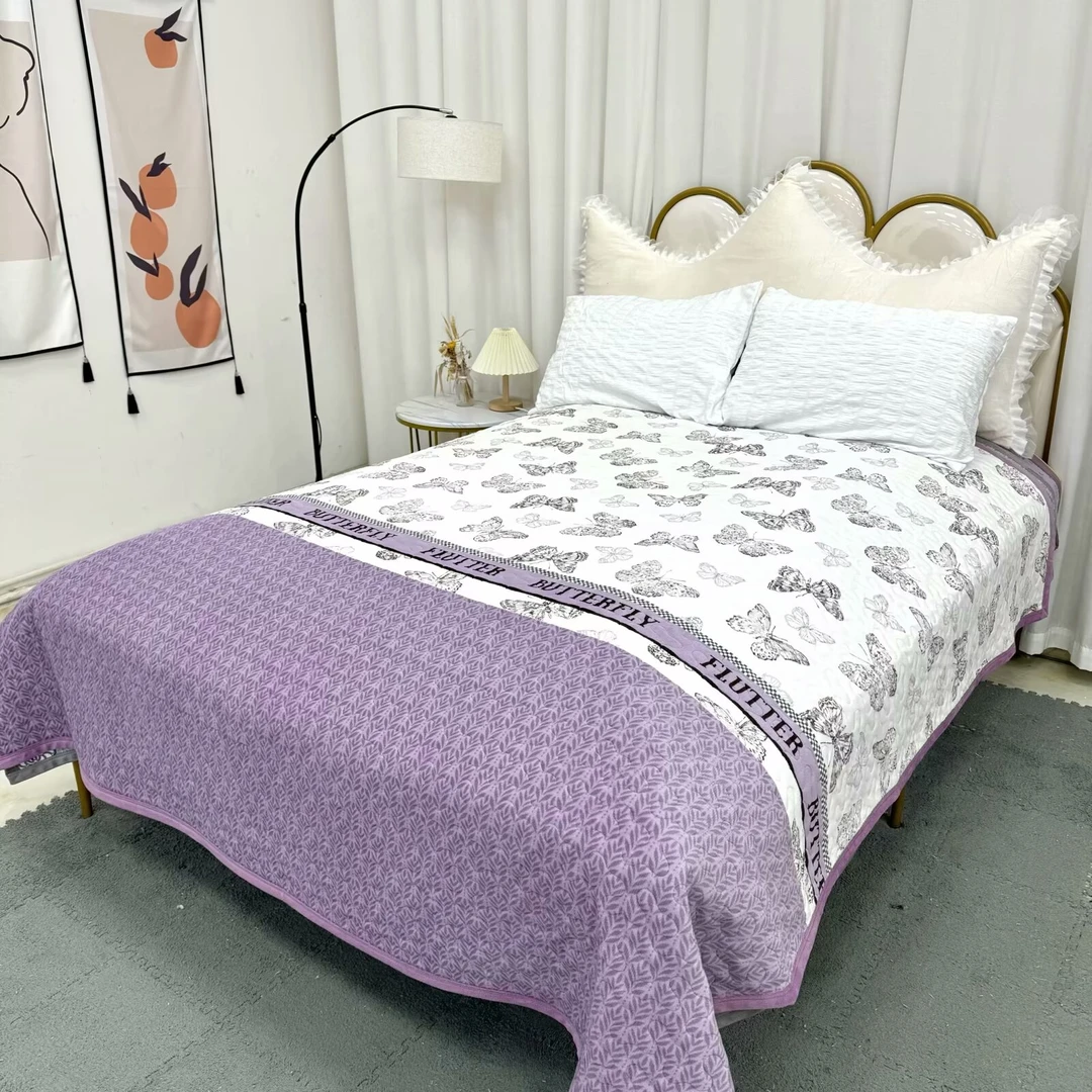 【紫云蝴蝶】2×2.3米 高克重牛奶绒床盖 可铺可盖 简约