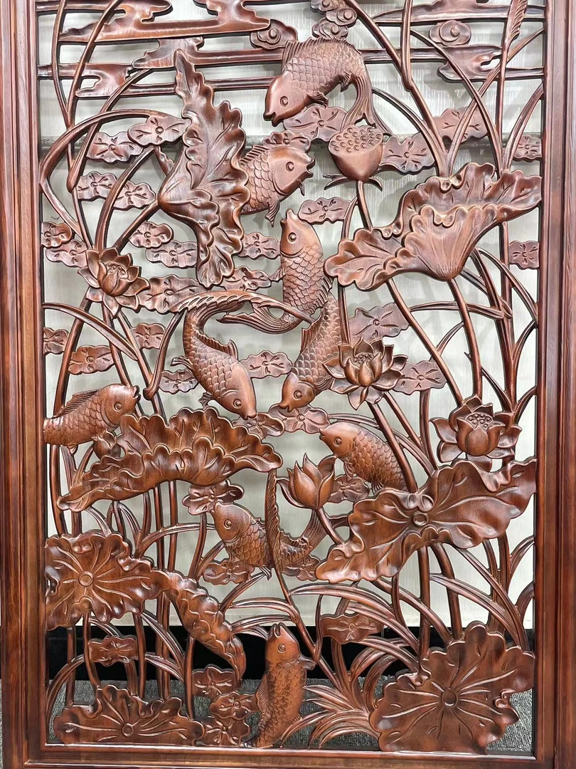 东阳木雕120cm*80cm荷花鱼香樟木实木雕刻挂件（12鱼）