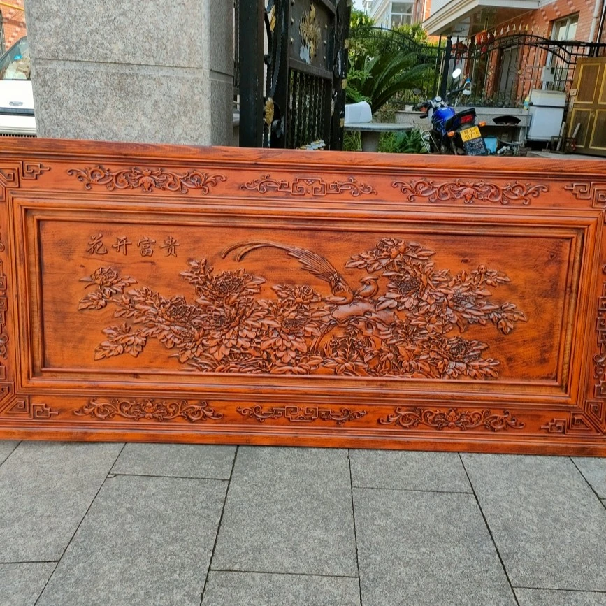 花开富贵180*80香樟木实木雕刻客厅背景墙挂件