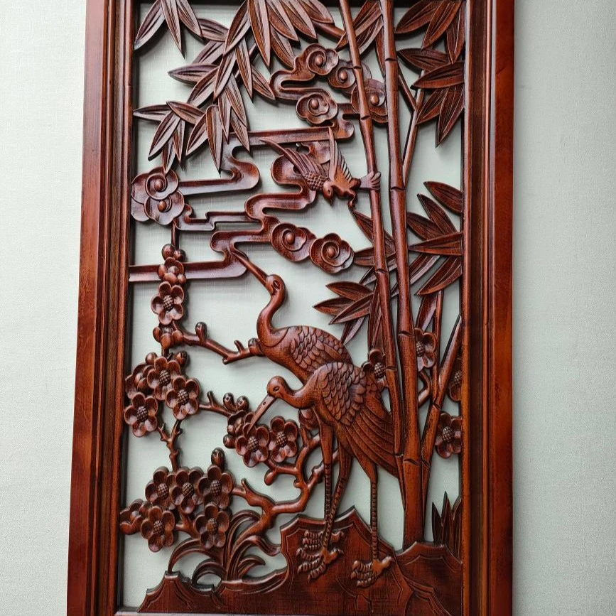 松鹤 竹报平安 100*60CM香樟木挂件家用客厅卧室走廊玄关