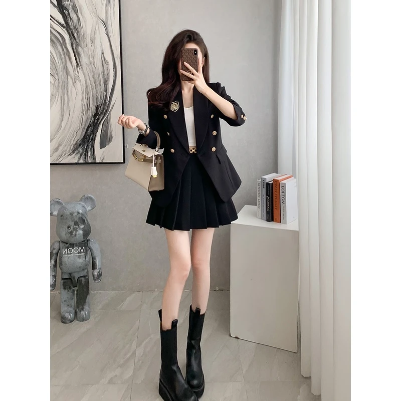 时尚感收腰显瘦西装百褶裙两件套2023新款秋冬季大码胖MM遮肉套装