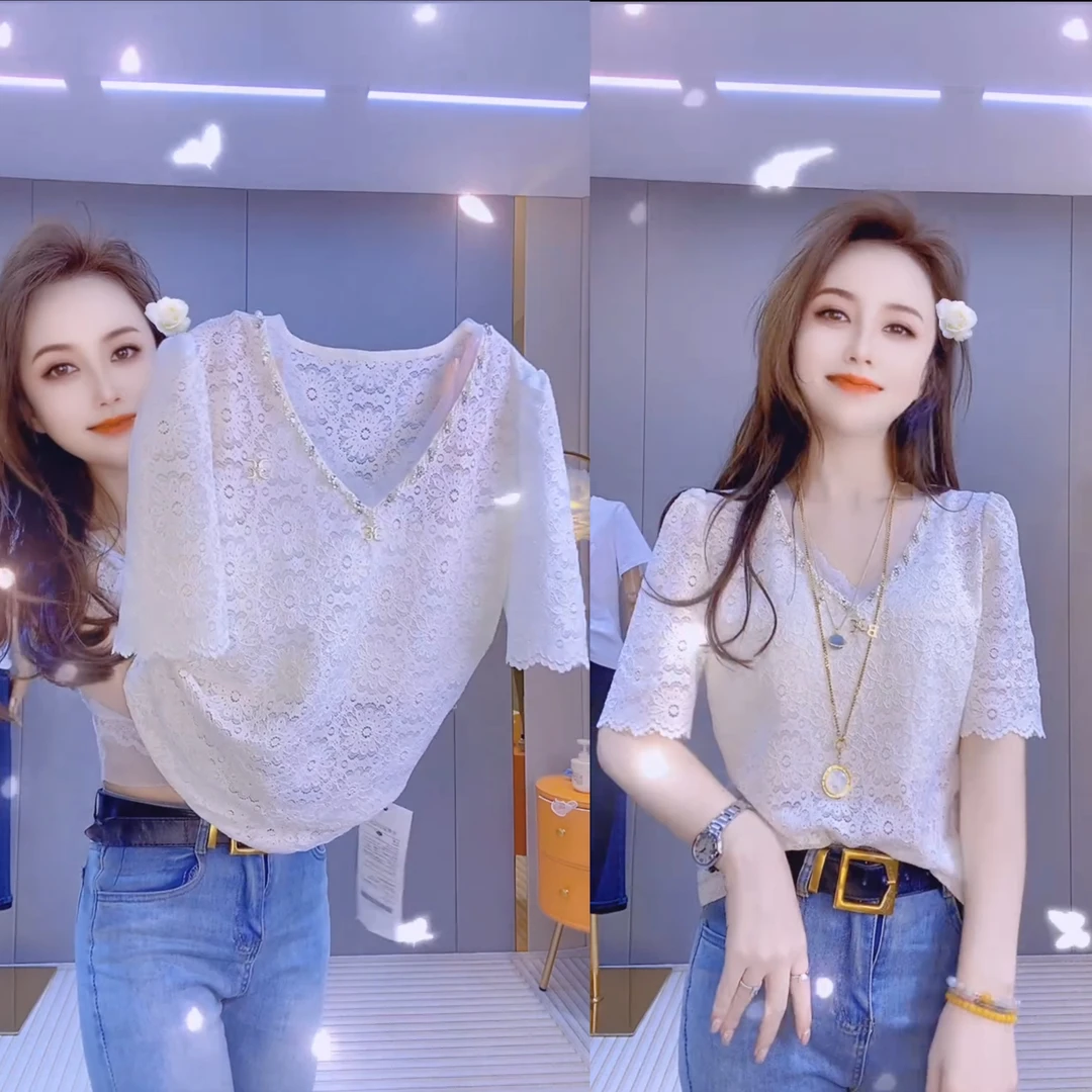 洋气蕾丝镂空V领短袖T恤女夏季爆款设计感时尚甜辣洋气显瘦上衣女