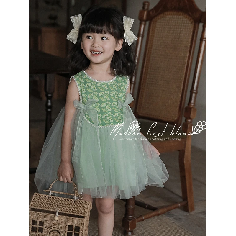 【夏款第三波新品】幼悠儿童 数码印珍珠 蓬蓬网纱连衣裙X3947