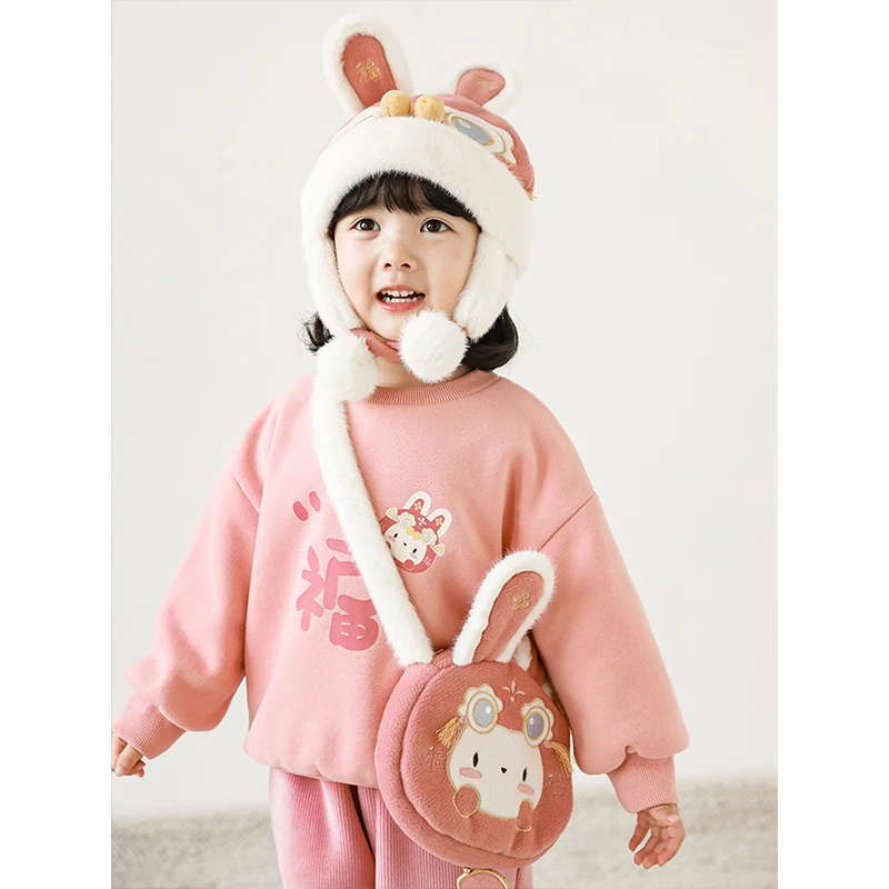 【清】幼悠新年萌兔数码印过年加绒加厚卫衣D2599