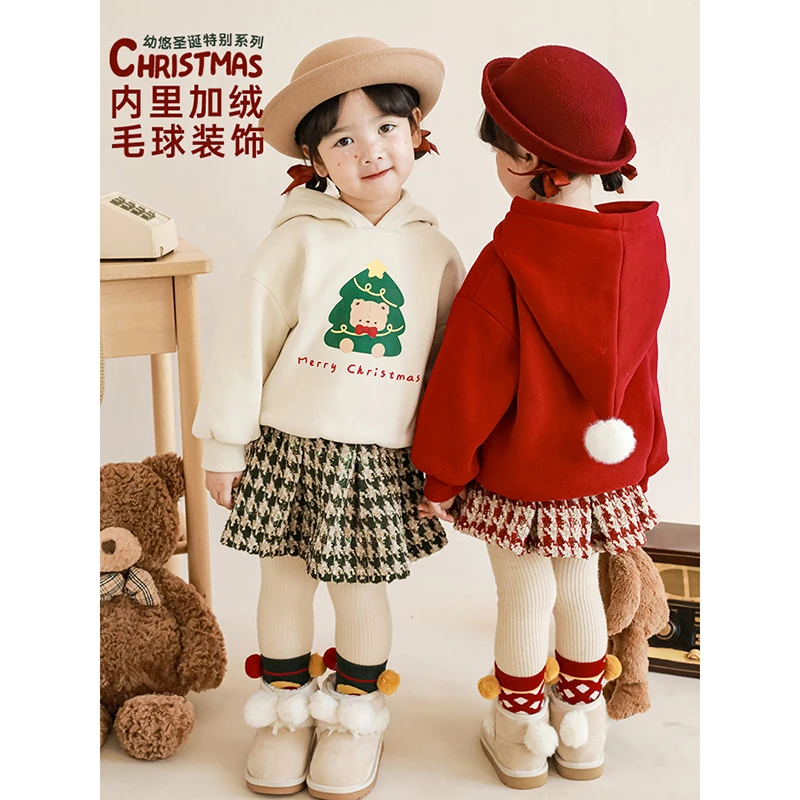 【清】幼悠女童 冬季圣诞印花雪球巫师帽加绒卫衣D2331