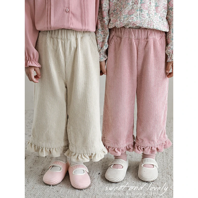 【清】幼悠 木耳花边 泡泡绒条直筒裤Q3321 CD0543