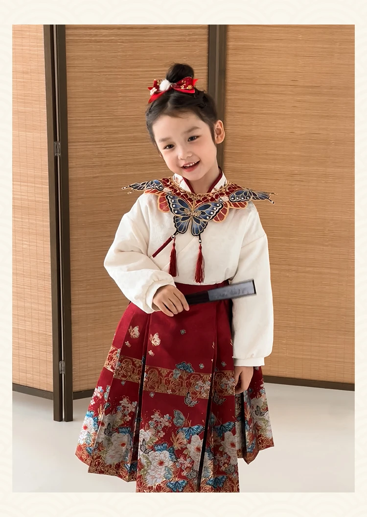 【清】幼悠女童汉服繁花中国风古风秋冬百褶汉元素两件套装WD0020