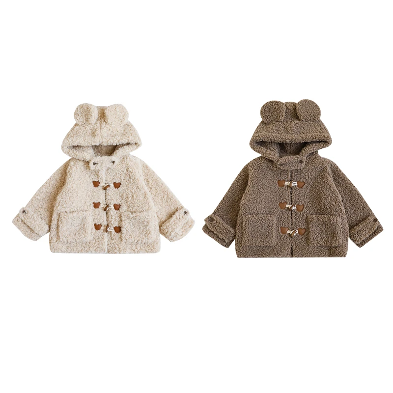 幼悠男女同款 冬季熊熊牛角耳连帽保暖熊头加绒洋气毛绒外套D2318