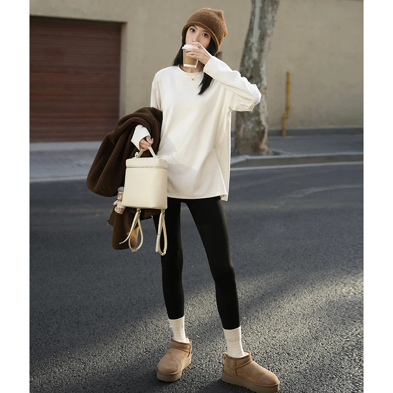 翰代维白色德绒打底衫女加厚内搭秋冬季长袖T恤宽松大码女装上衣