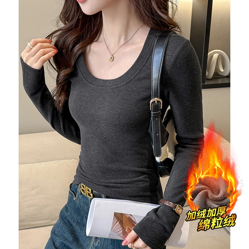 翰代维秋冬加绒加厚内搭长袖T恤女新款U领修身显瘦磨毛打底衫上衣