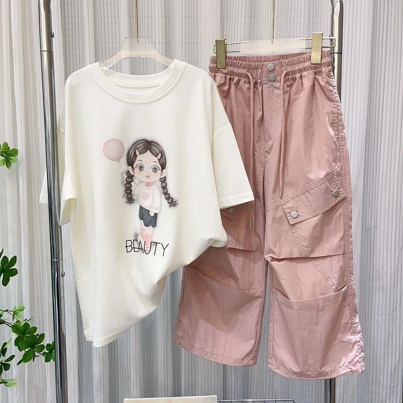 女童套装夏季2024新款洋气爱心T恤中大童时髦百搭工装裤两件套潮
