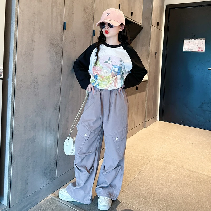 秋季洋气女童T恤中大童修身女孩韩版T恤打底长袖工装裤子潮