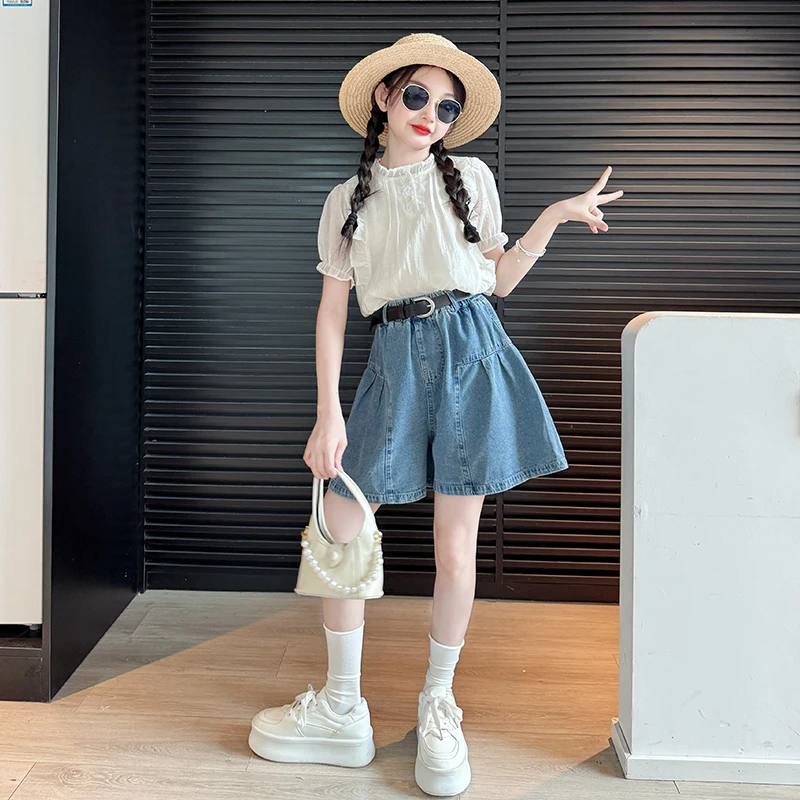 女童套装夏装2024新款儿童洋气娃娃衫中大童夏季牛仔短裤两件套潮