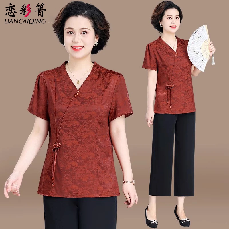 新中式妈妈夏装国风洋气薄款套装短袖上衣服中老年女装小衫两件套