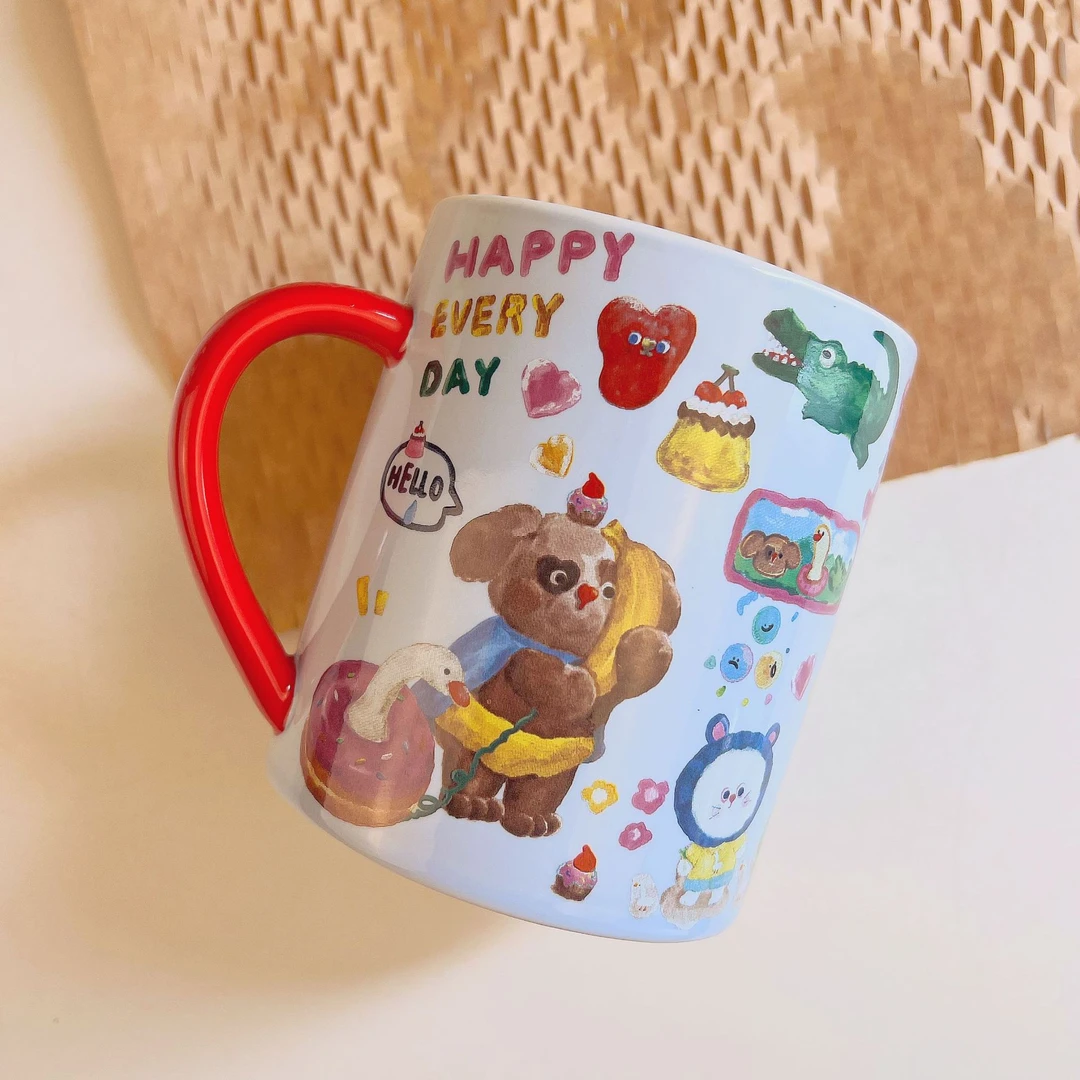 涂鸦打电话小狗陶瓷杯可爱情侣家用创意大容量学生少女心喝水杯