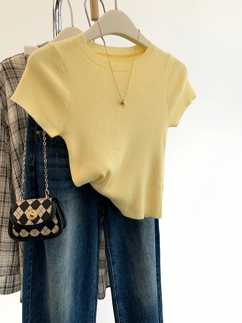 黄色正肩洋气针织短袖t恤女夏夏季2024新款体恤修身短款半袖上衣