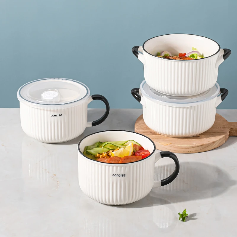 川岛屋饭盒上班族微波炉专用器皿陶瓷陶瓷保鲜碗带盖圆形便当盒