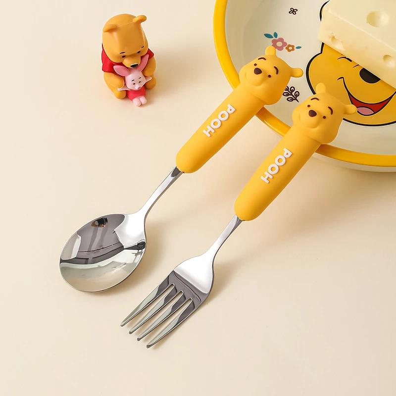川岛屋迪士尼维尼熊儿童叉子不伤嘴304不锈钢餐勺叉宝宝吃饭勺子