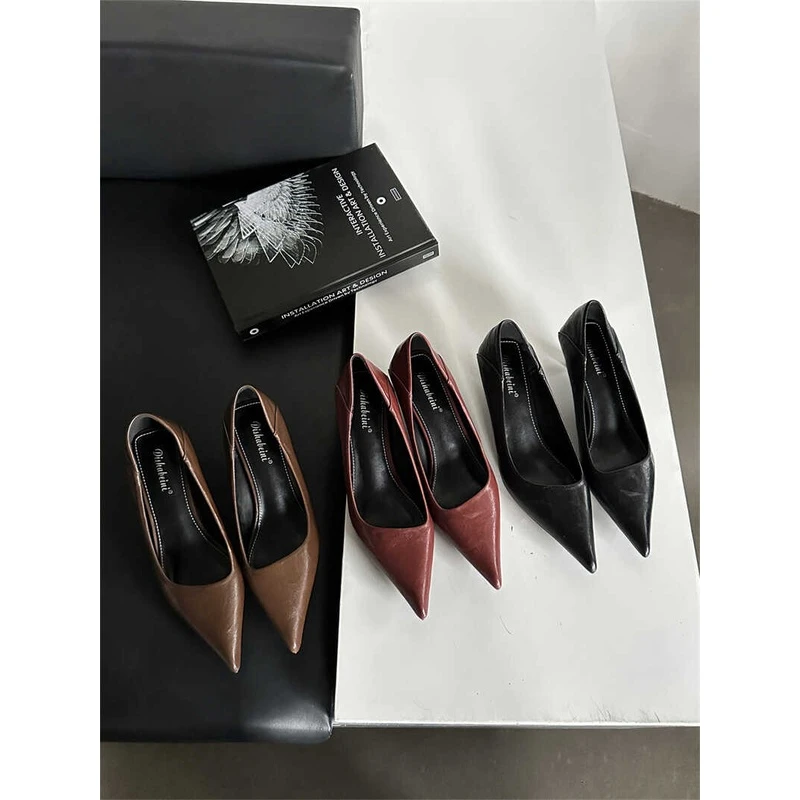 2024秋季新款通勤工作鞋纯色百搭尖头细跟中跟单鞋浅口低跟瓢鞋女