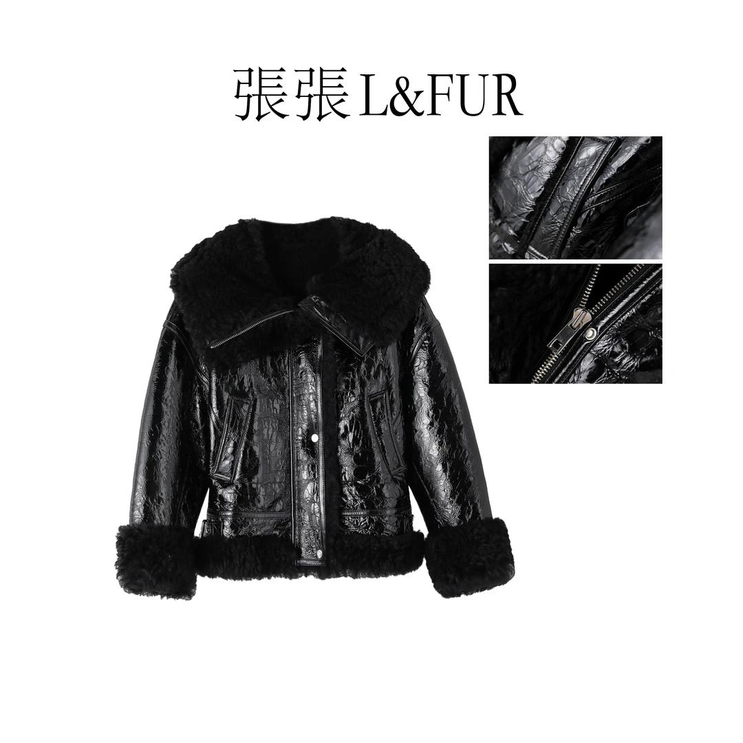 張張L.FUR 【真羊皮毛一体】新款亮漆皮皮草K5F112