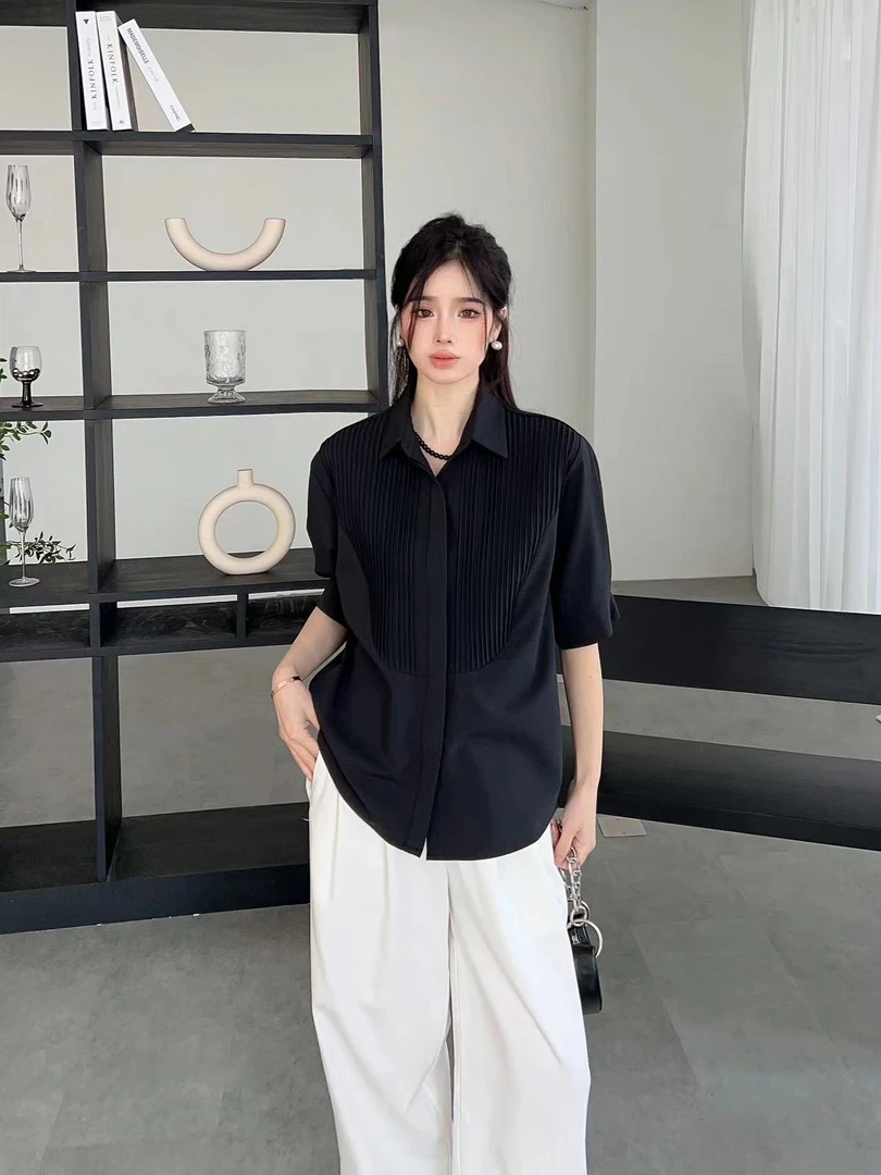 【大乔专属】干净纯粹优雅气质塔克压褶工艺弧形摆白衬衫长袖港风