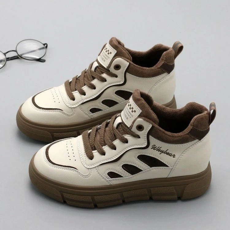 真软皮高帮加绒休闲鞋百搭秋冬季韩版小白鞋保暖软底平底运动鞋女