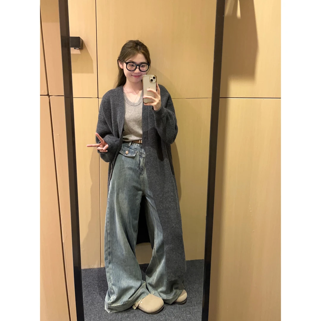 【秋季恋歌】秋冬新款女加厚v领长款单排扣针织开衫宽松慵懒风毛衣