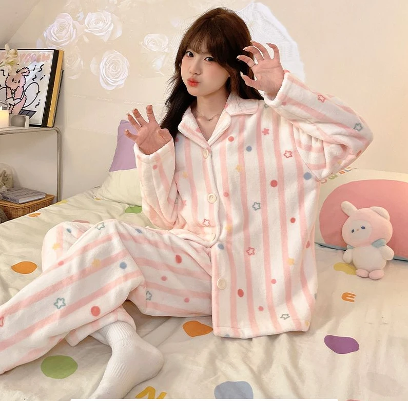 7号-（星星波点）2024新款白色条纹法兰绒秋冬爆款家居服